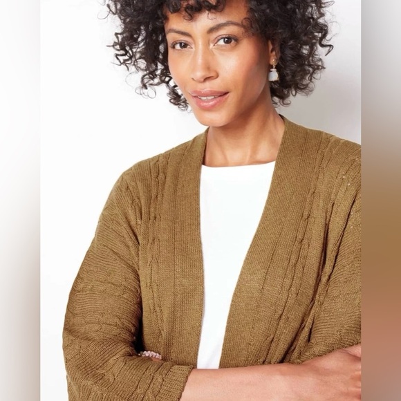 J.Jill Open Front Cable Knit Cardigan Long Sweater, 3/4 Sleeves, Honey Brown, M - Picture 2 of 15